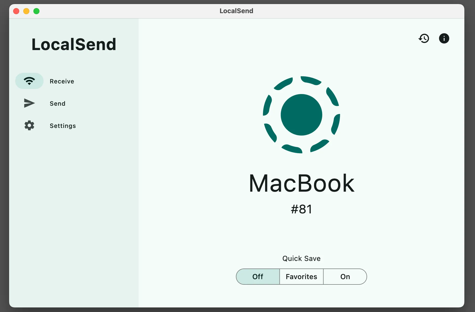 Giao diện người dùng của ứng dụng LocalSend trên macOS, sẵn sàng để gửi hoặc nhận tệp tin giữa các thiết bị