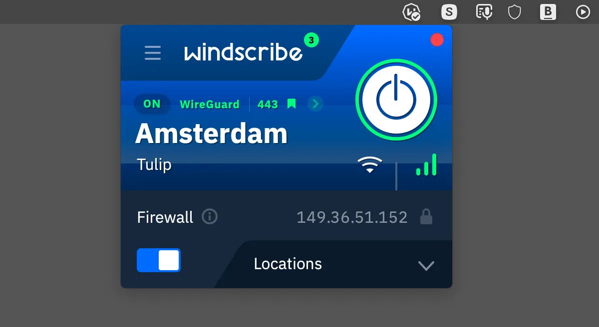 Giao diện người dùng của ứng dụng VPN Windscribe trên macOS, hiển thị trạng thái kết nối và vị trí máy chủ