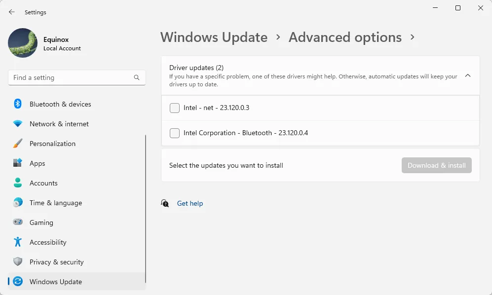 Giao diện phần Driver trong Cập nhật Windows
