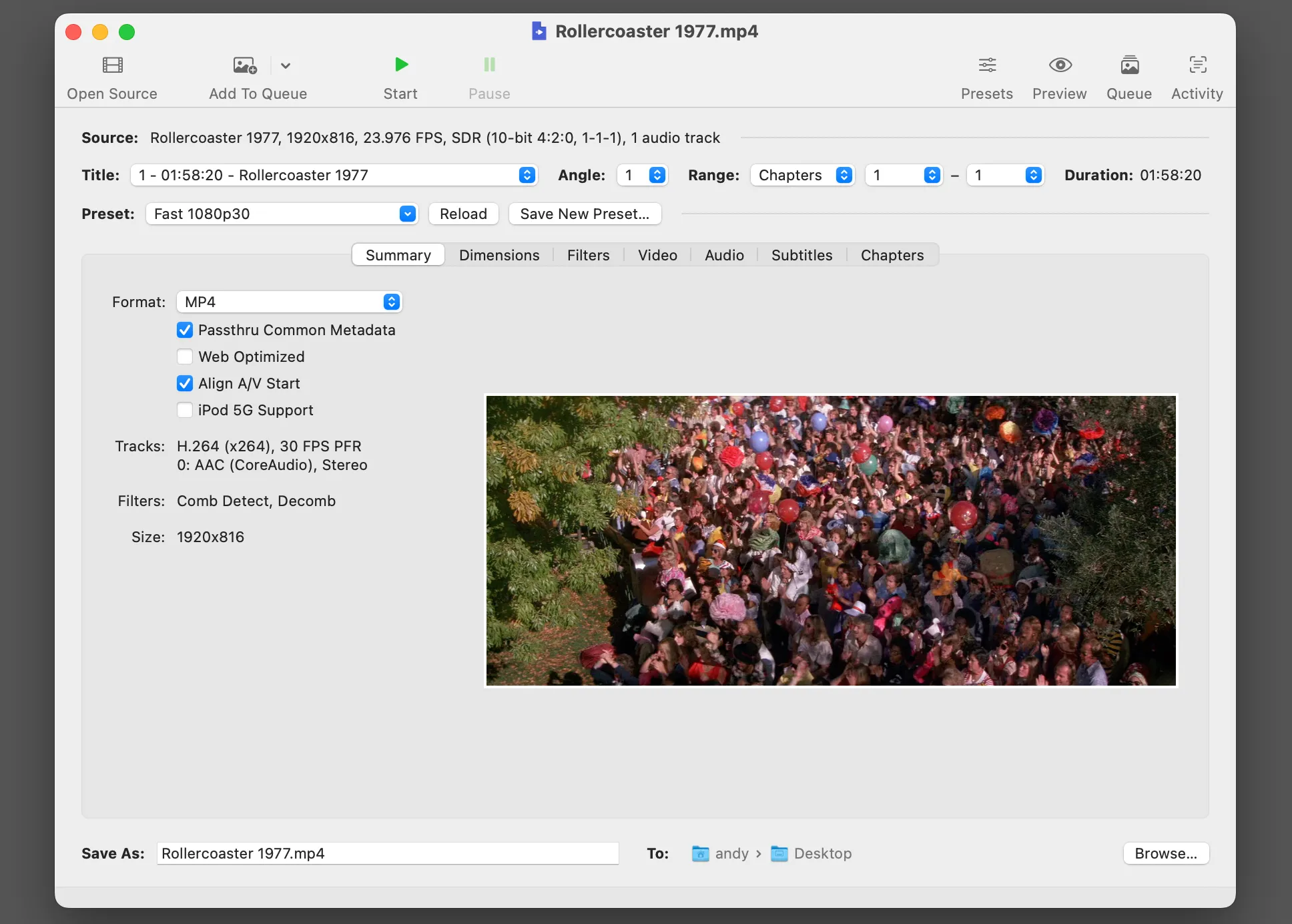 Giao diện phần mềm chuyển đổi video HandBrake trên macOS với các tùy chọn cài đặt đầu ra