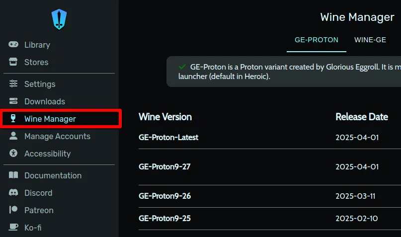 Giao diện quản lý phiên bản Wine/Proton trong Heroic Games Launcher