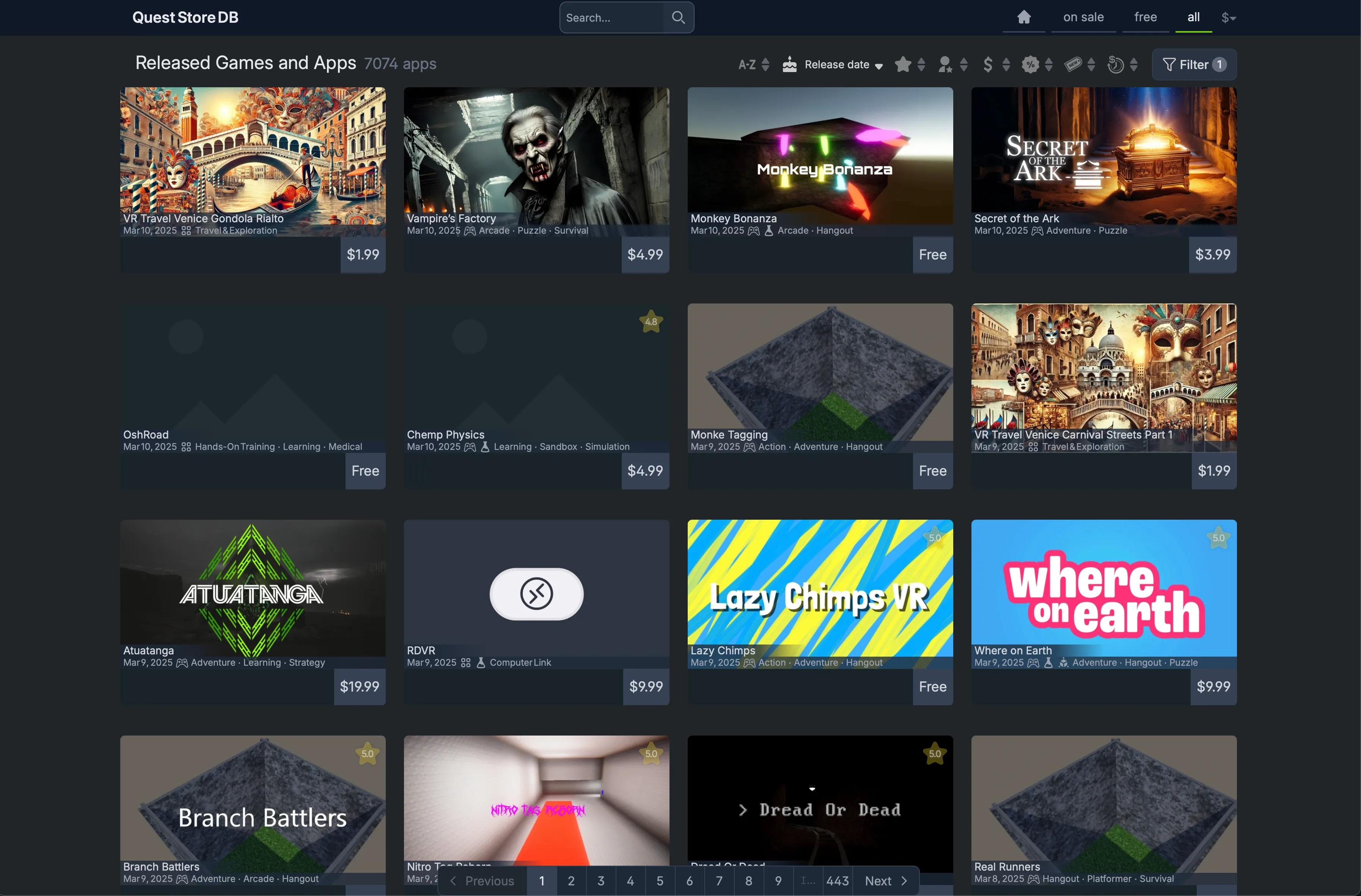 Giao diện Quest Store DB hiển thị danh sách các game được cho là shovelware trên Meta Quest