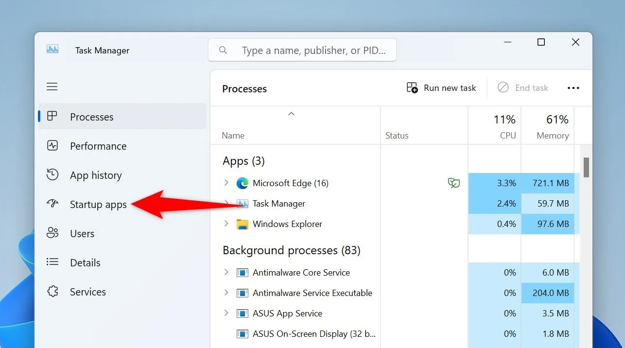 Giao diện Startup apps trong Task Manager hiển thị các ứng dụng khởi động cùng hệ thống.