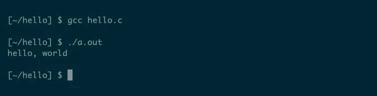 Giao diện terminal Linux hiển thị kết quả chạy chương trình Hello World bằng ngôn ngữ C.