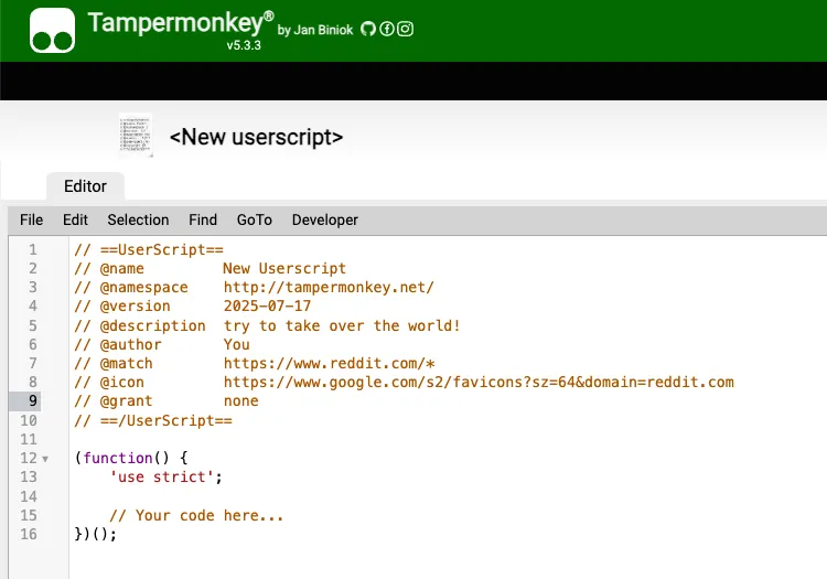 Giao diện trình soạn thảo script của Tampermonkey khi tạo một userscript mới, hiển thị cấu trúc mã JavaScript mẫu cần chỉnh sửa.