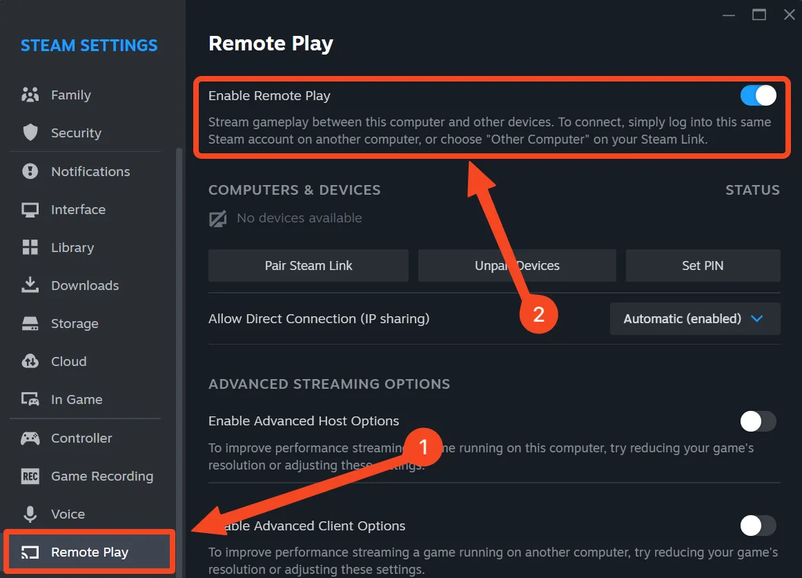 Giao diện tùy chỉnh Steam Remote Play với nút bật tính năng