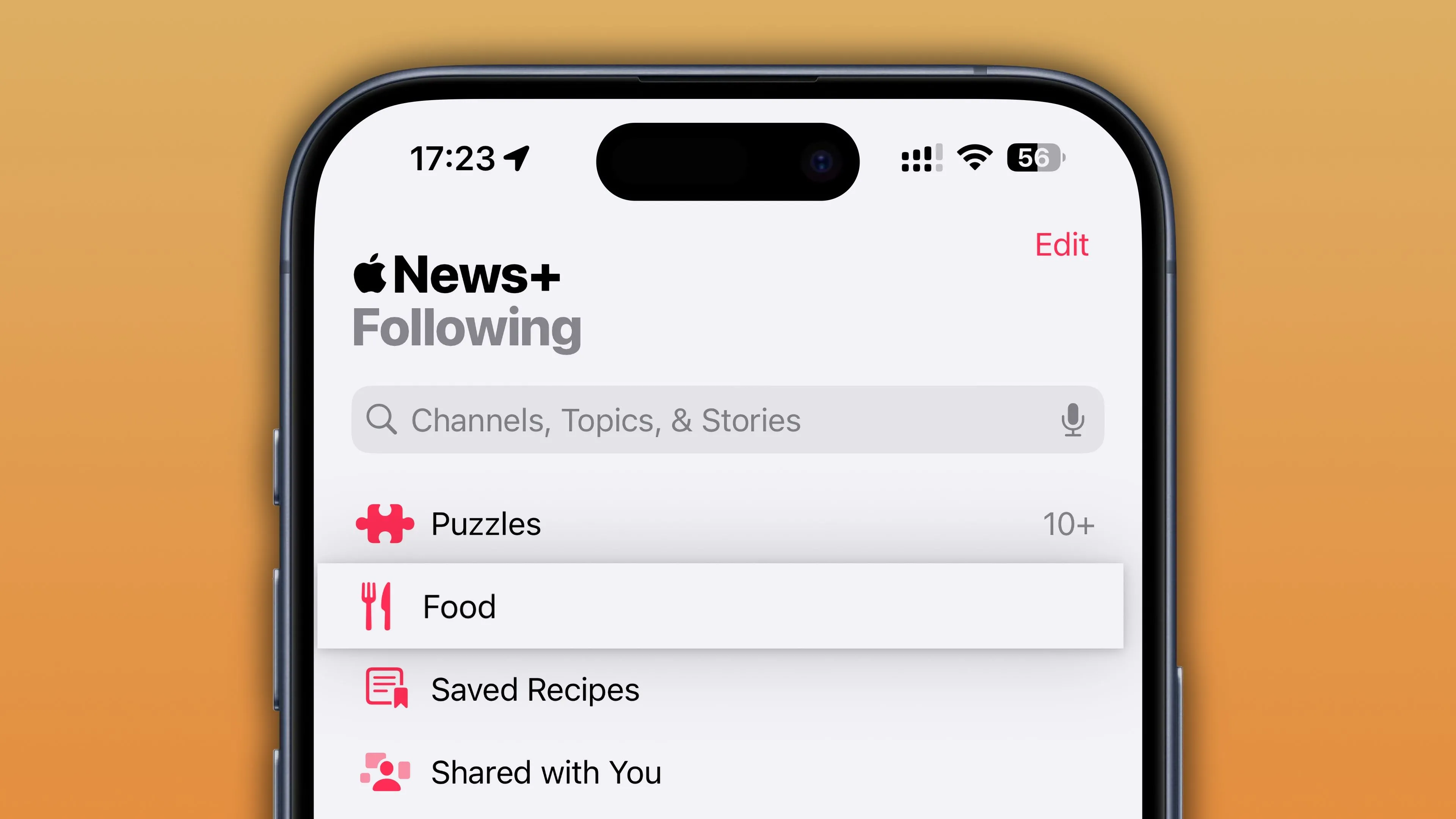Giao diện ứng dụng Apple News trên iOS 18.4, hiển thị mục &quot;Food&quot; (Thực phẩm) trong tab &quot;Following&quot;, nơi cung cấp các công thức nấu ăn lành mạnh.
