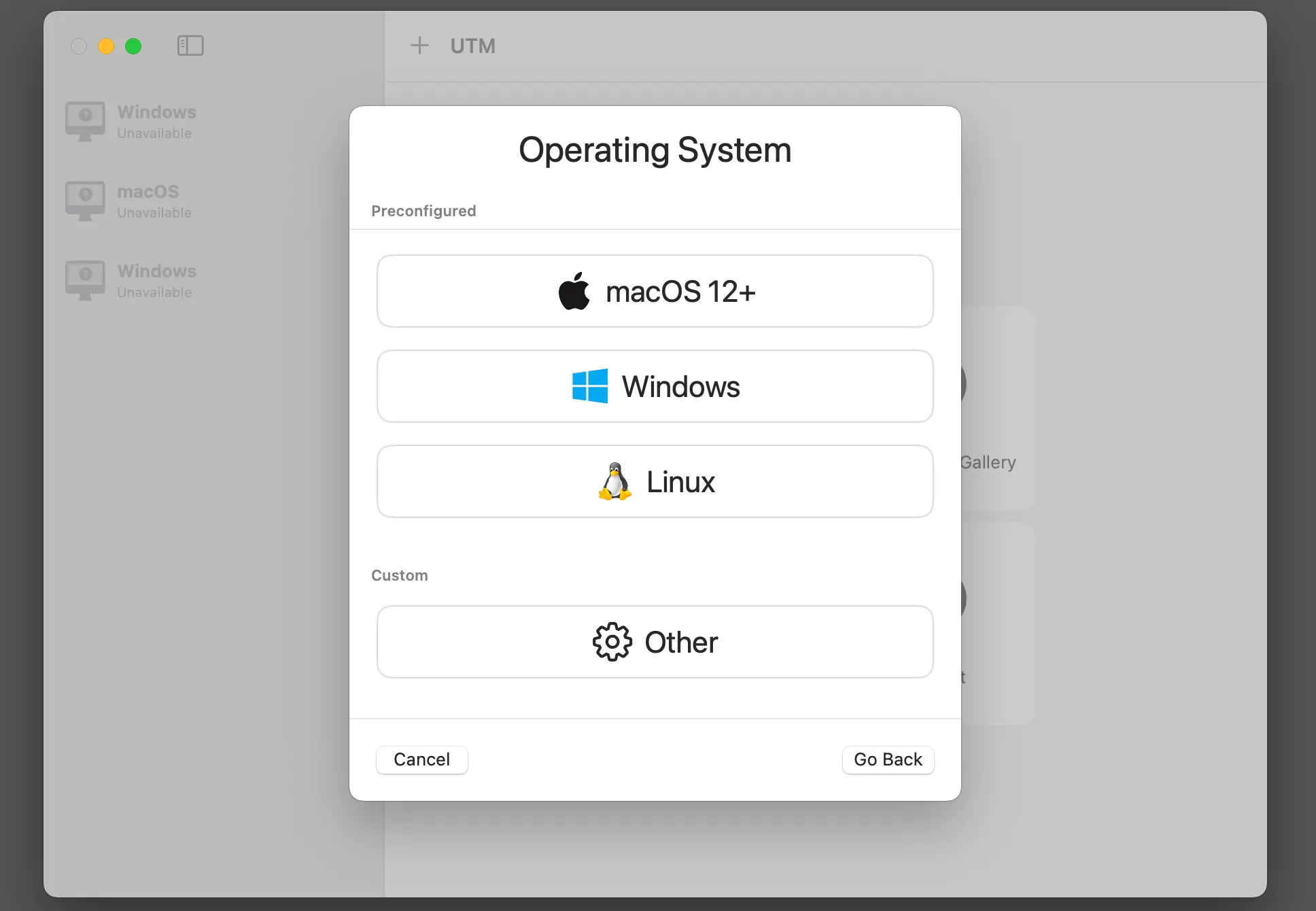 Giao diện ứng dụng máy ảo UTM trên macOS, hiển thị danh sách các hệ điều hành ảo đã được cài đặt