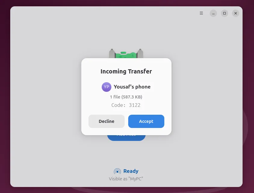 Giao diện ứng dụng Packet trên Linux hiển thị yêu cầu chấp nhận file đến từ thiết bị Android.