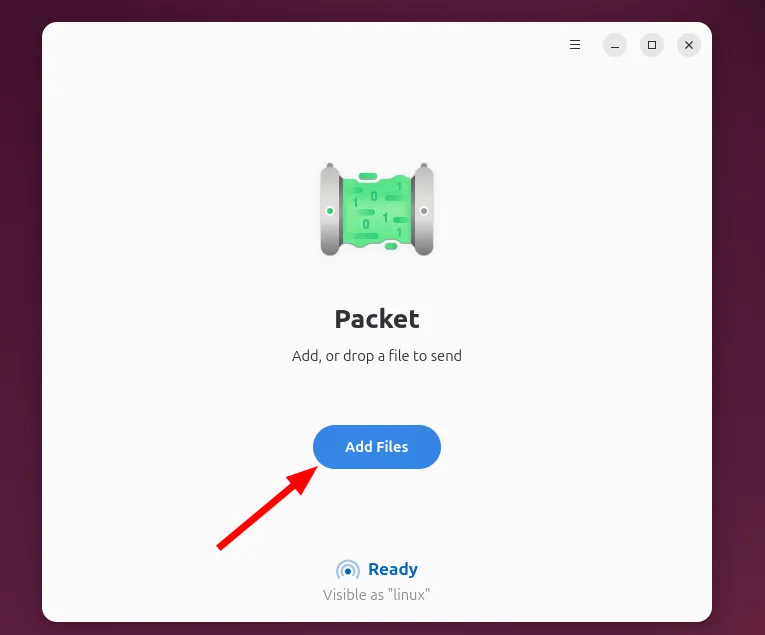 Giao diện ứng dụng Packet trên Ubuntu Linux, hiển thị cách thêm file để chuẩn bị chuyển sang thiết bị Android.