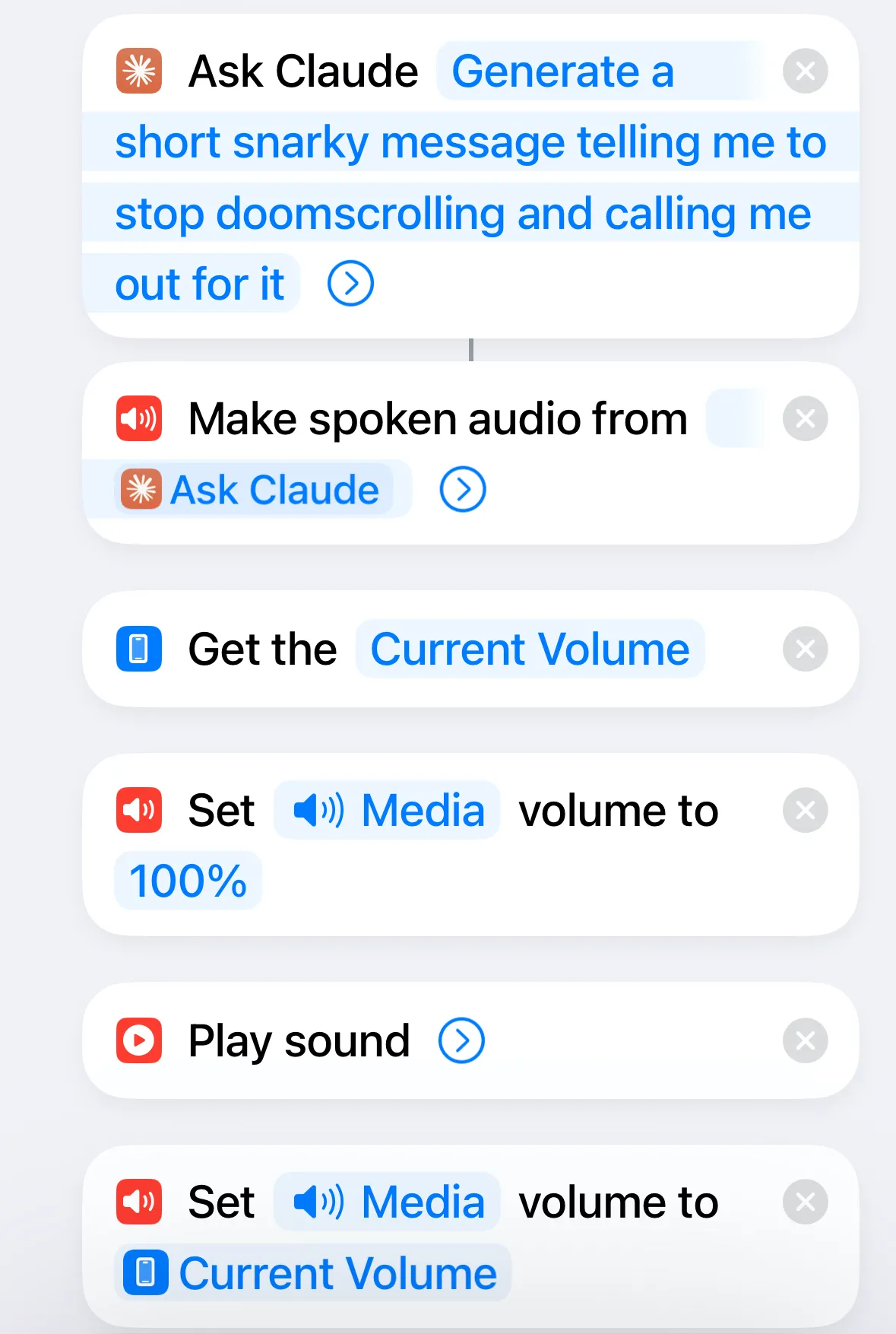 Giao diện ứng dụng Phím tắt trên iPhone hiển thị các bước của shortcut chống doomscrolling hoàn chỉnh.