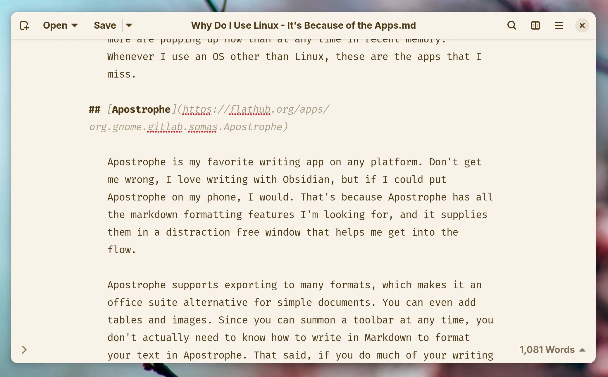 Giao diện ứng dụng soạn thảo Markdown Apostrophe trên Linux, minh họa thiết kế đơn giản và dễ sử dụng