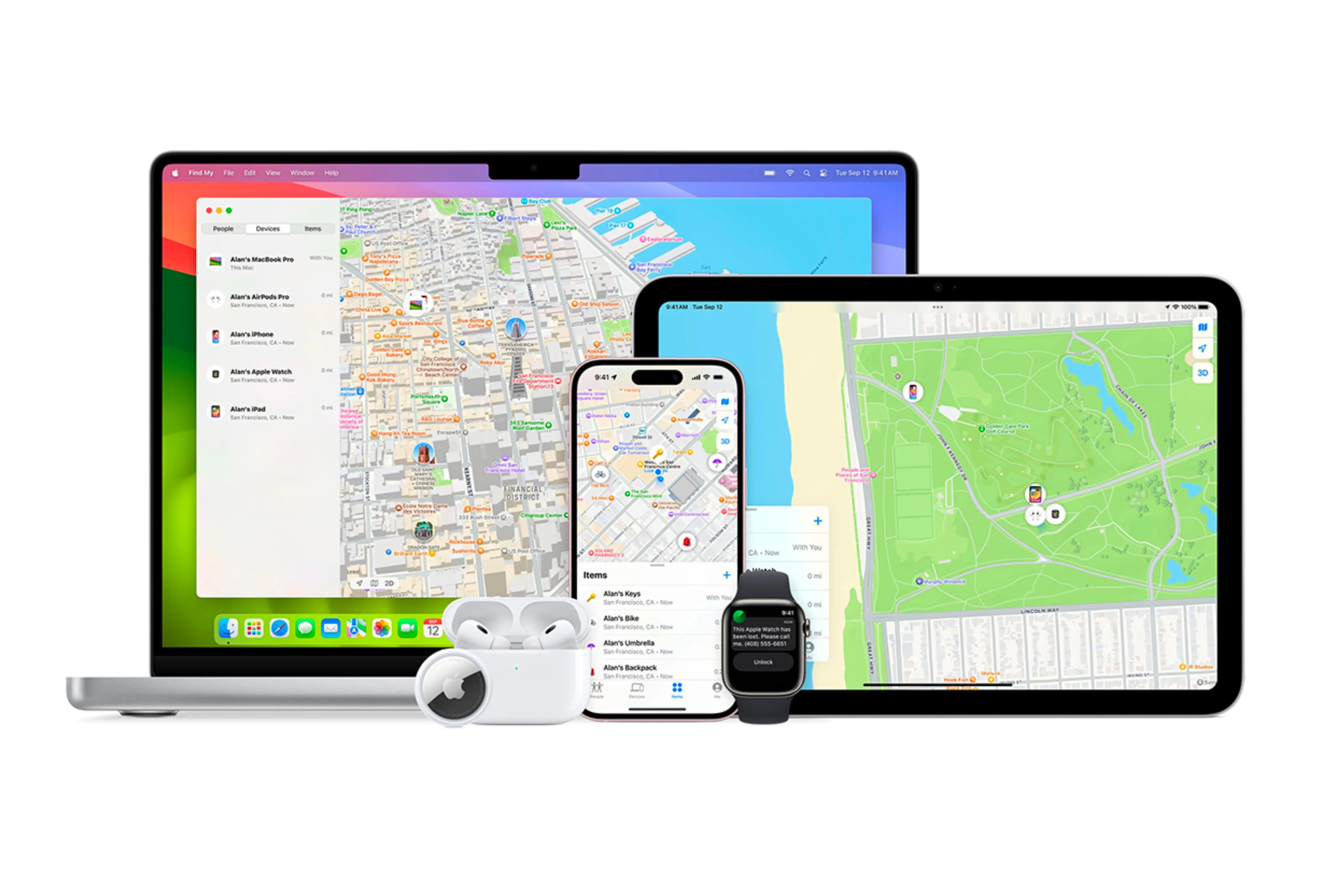 Giao diện ứng dụng Tìm của Apple hiển thị vị trí thiết bị và người thân.