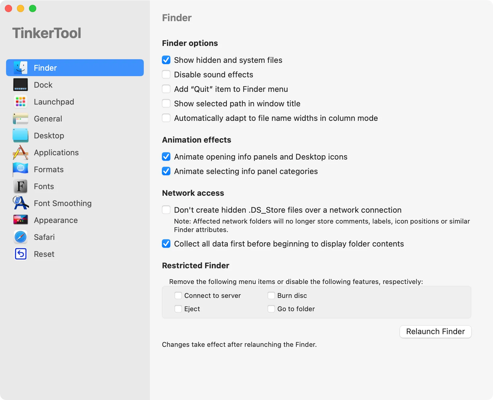 Giao diện ứng dụng TinkerTool cho macOS, cung cấp các tùy chỉnh ẩn để tối ưu hiệu ứng đồ họa trên Mac.