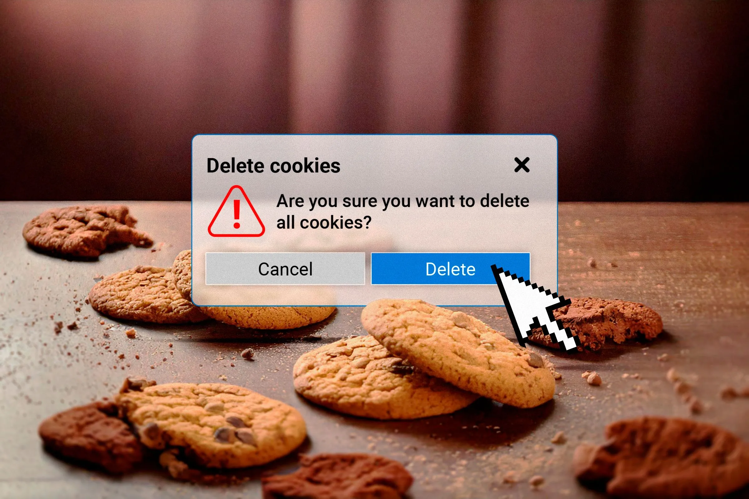 Giao diện xóa cookie và các tập tin theo dõi, biểu thị việc kiểm soát dữ liệu duyệt web