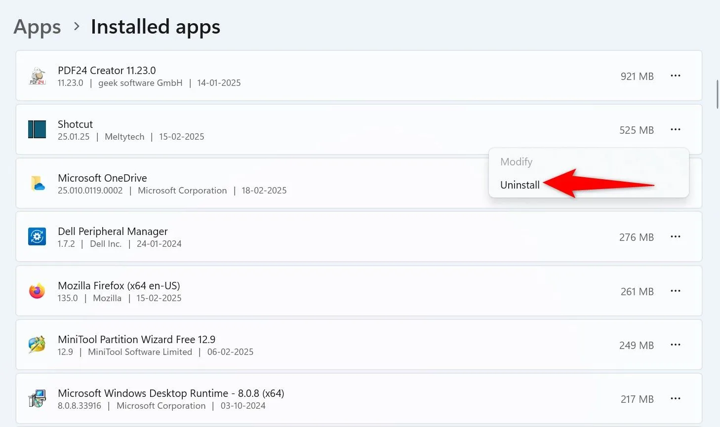 Gỡ bỏ ứng dụng không cần thiết trong Installed Apps để tối ưu pin Windows 11