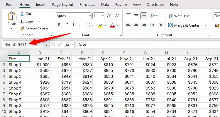 Gõ Sheet2!H11 vào hộp tên để chuyển đến ô H11 trên Trang tính 2 của Excel