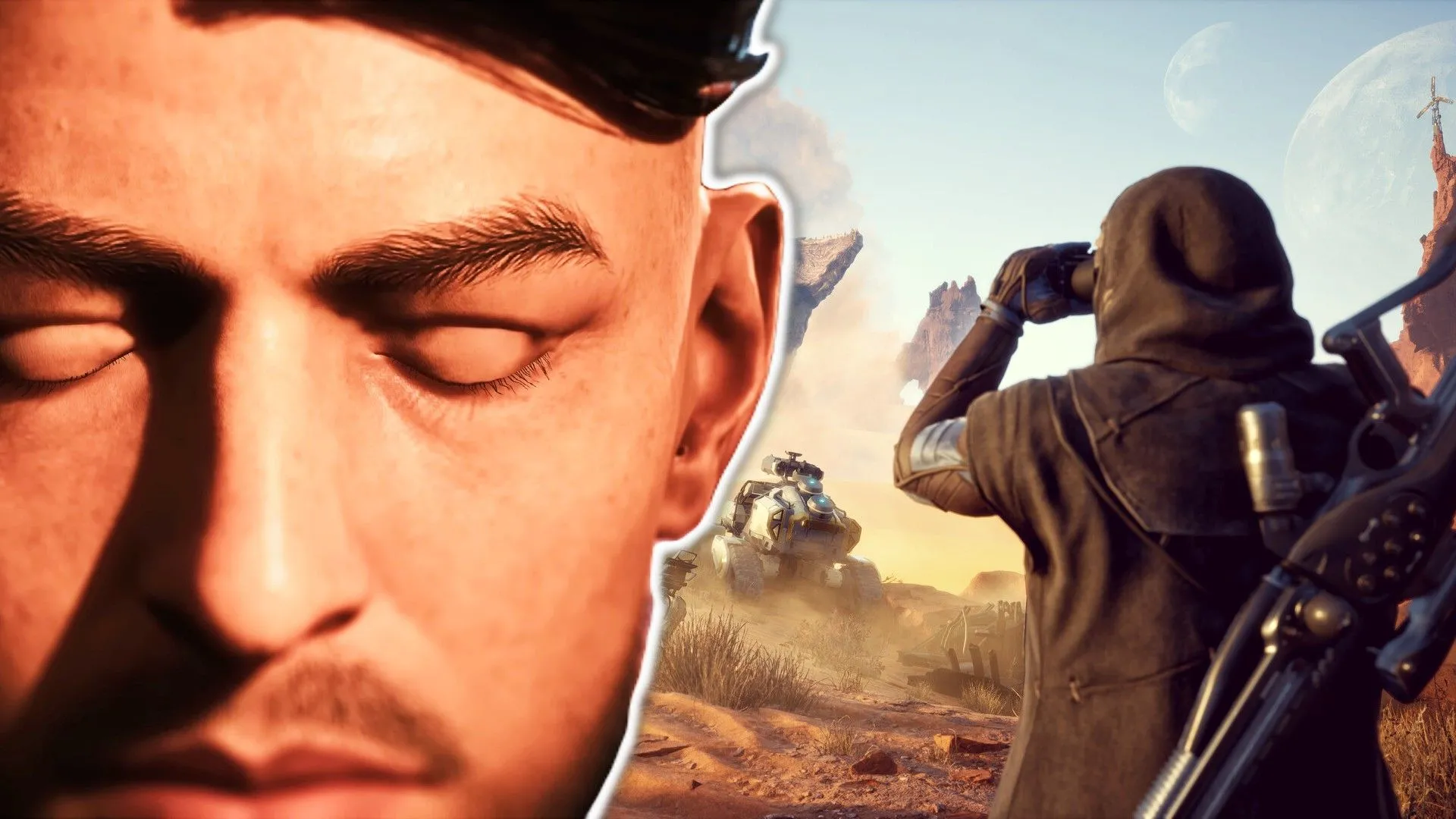 Hai nhân vật trong game Dune: Awakening, một người đeo mặt nạ và một người dùng ống nhòm