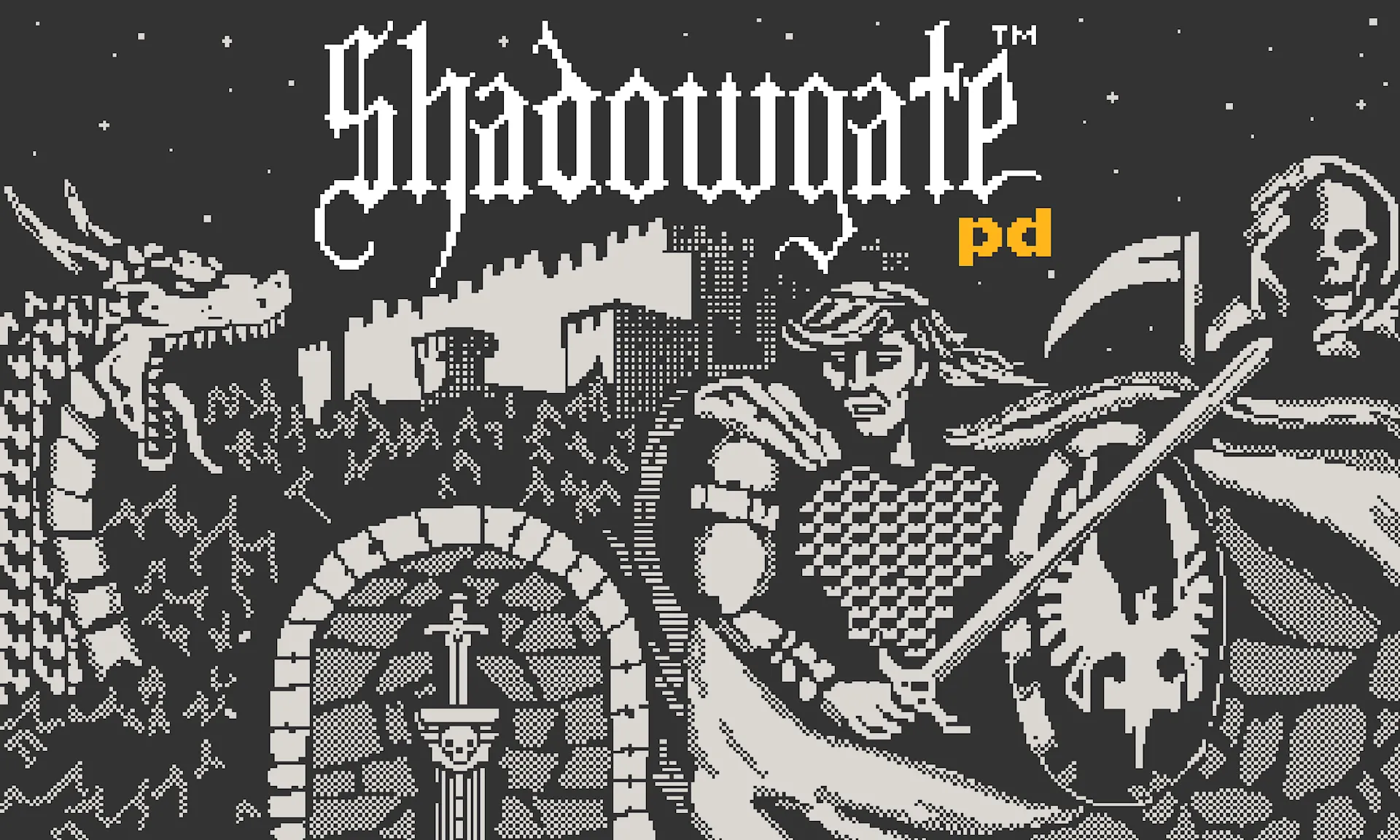 Hình ảnh chính của tựa game phiêu lưu kinh điển Shadowgate PD trên Playdate.