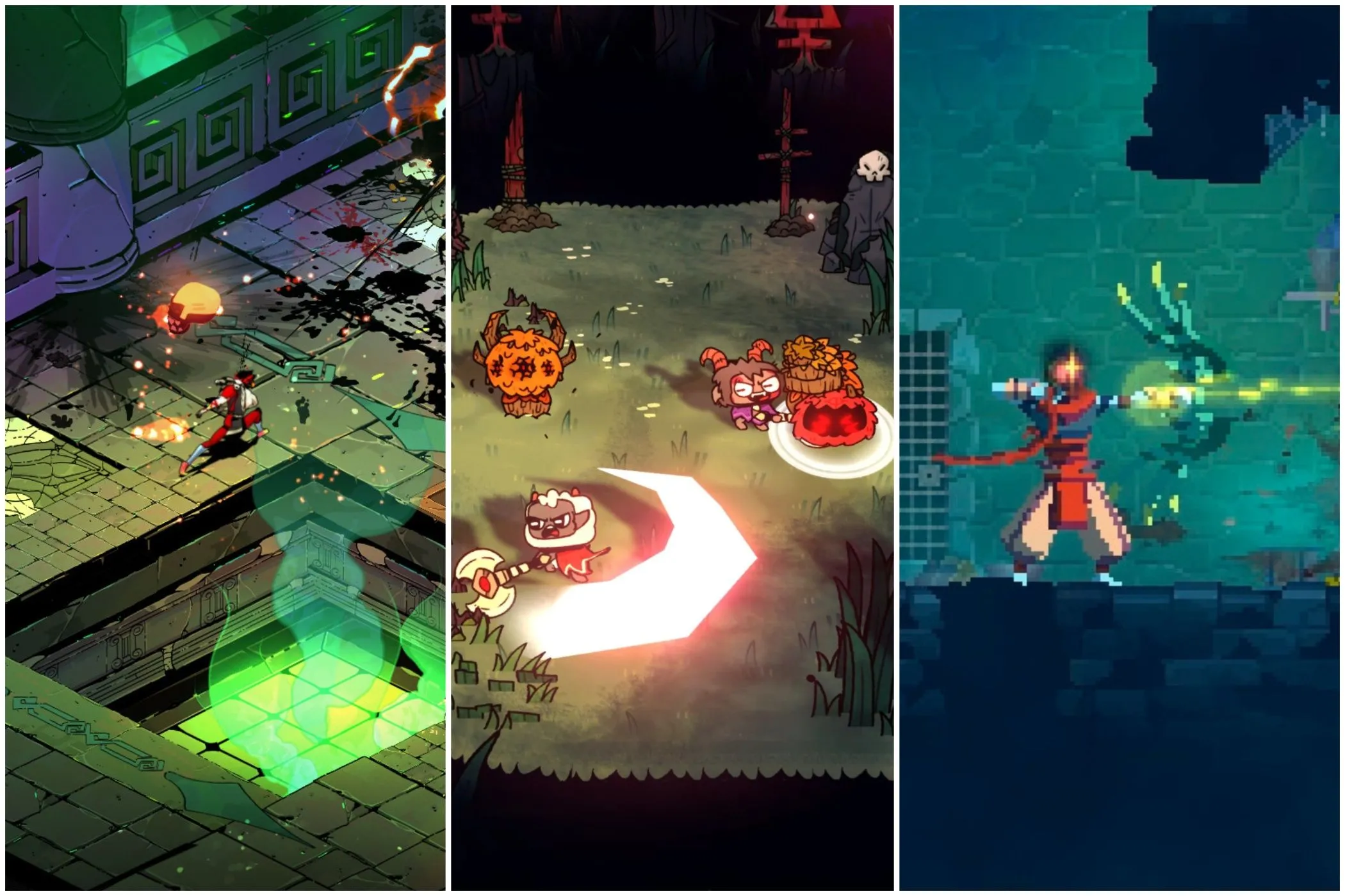 Hình ảnh gameplay của các tựa game Roguelike nổi tiếng: Hades, Cult of the Lamb và Dead Cells.