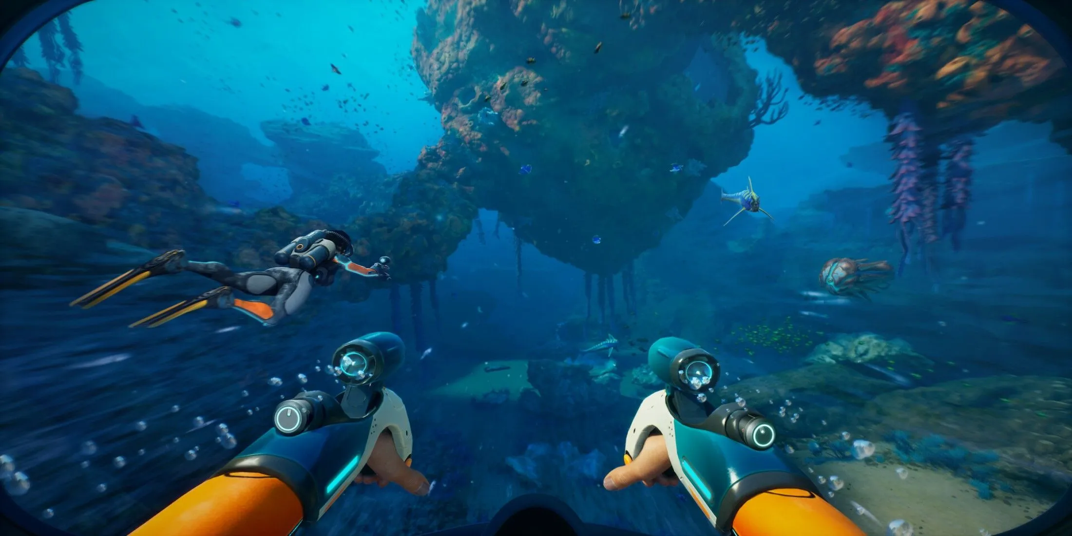 Hình ảnh giới thiệu từ trò chơi Subnautica 2, hiển thị cảnh dưới nước với một sinh vật biển khổng lồ và các thiết bị lặn.