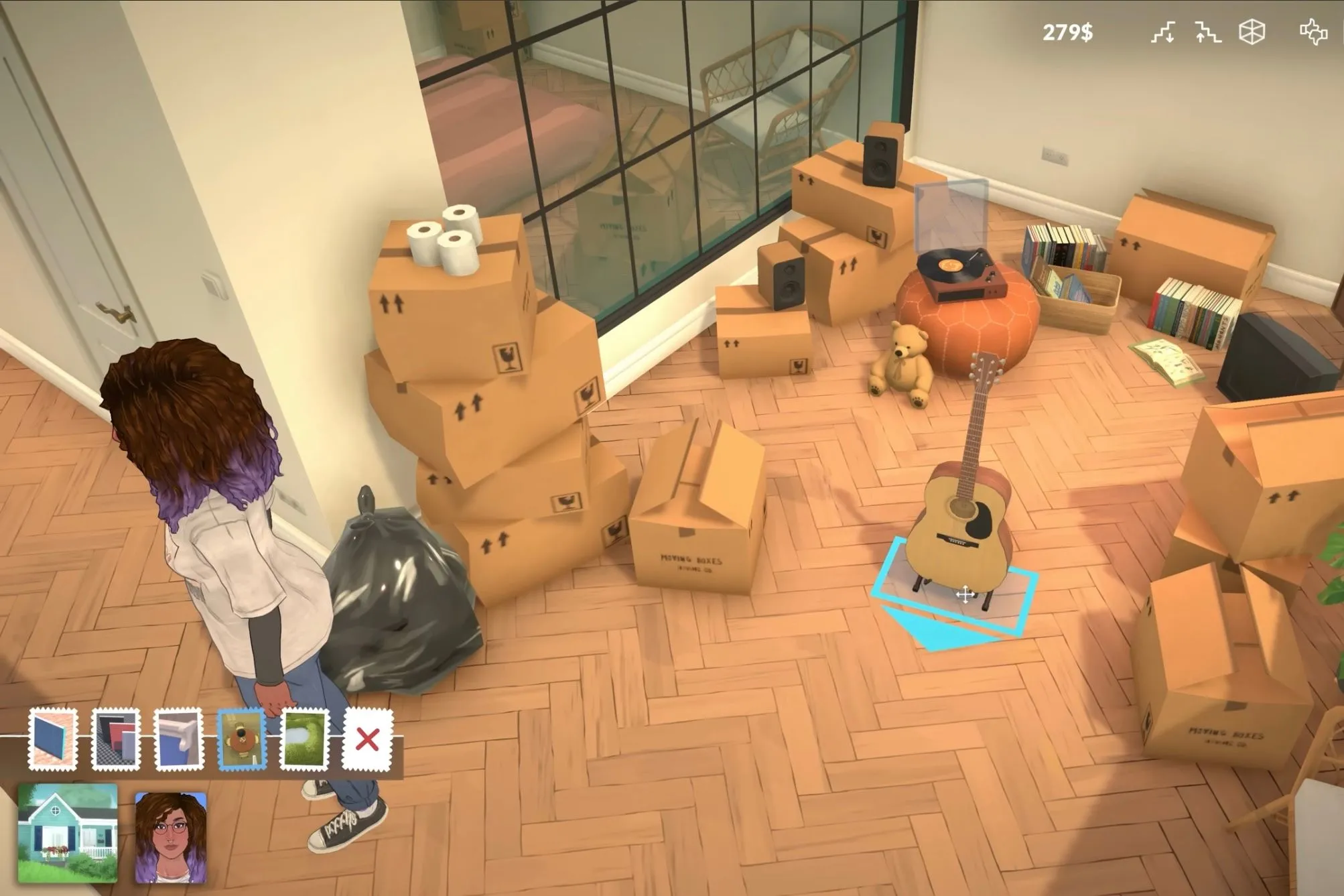 Hình ảnh khởi đầu game Paralives với các hộp đồ và một cây đàn guitar, thể hiện giai đoạn phát triển ban đầu của trò chơi mô phỏng.