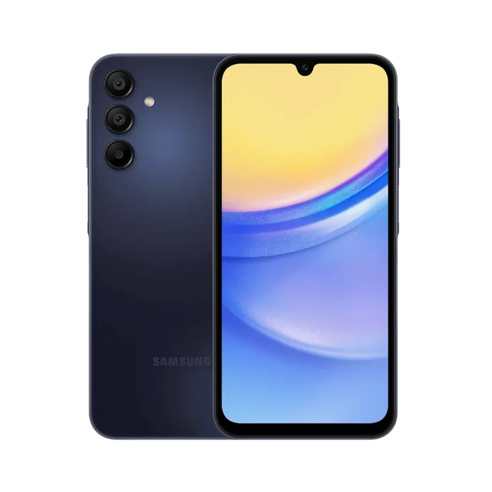Hình ảnh mặt trước và mặt sau của điện thoại Samsung Galaxy A15 5G, thể hiện chi tiết thiết kế