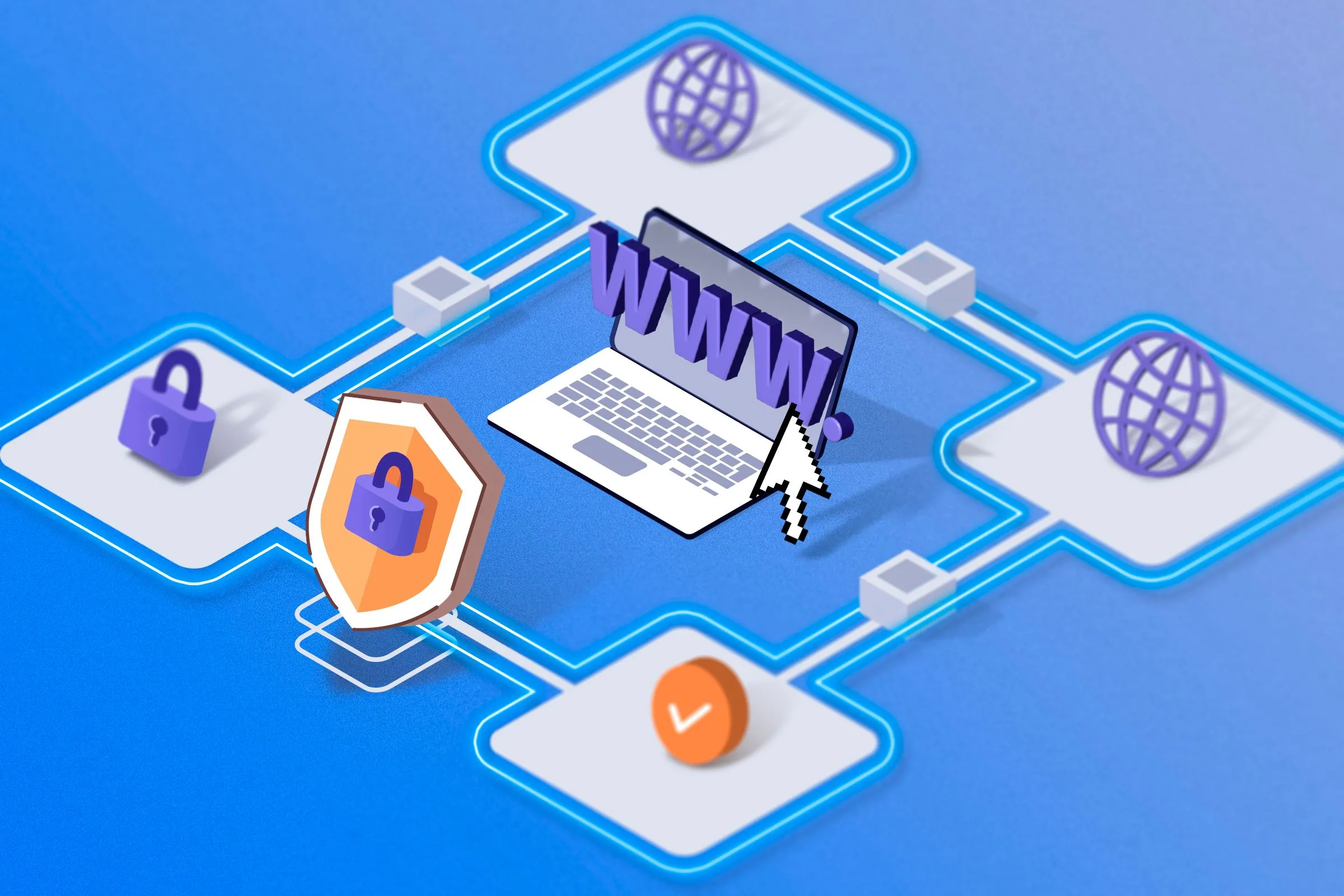 Hình ảnh máy tính xách tay với các biểu tượng bảo mật và mạng Internet, nhấn mạnh việc bảo vệ dữ liệu khi truy cập web