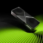 Hình ảnh minh họa GPU NVIDIA GeForce RTX 5090 với nền xanh lá cây, đại diện cho công nghệ xử lý đồ họa mạnh mẽ của NVIDIA.