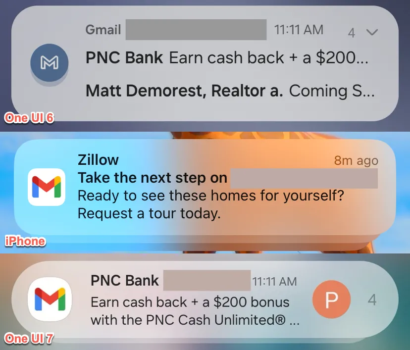 Hình ảnh minh họa sự khác biệt trong cách nhóm thông báo trên iPhone (kiểu xếp chồng), One UI 6 (kiểu danh sách) và One UI 7 (kiểu xếp chồng) trên các thiết bị Samsung Galaxy, nhấn mạnh sự thay đổi đáng kể trong trải nghiệm thông báo.