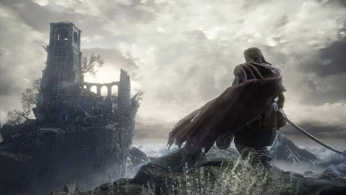 Hình ảnh quảng bá Dark Souls III với không khí u tối và nhân vật chính.