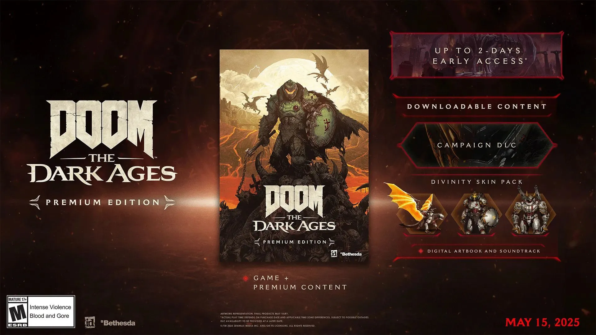Hình ảnh quảng cáo phiên bản Premium của Doom: The Dark Ages, hiển thị nội dung đi kèm
