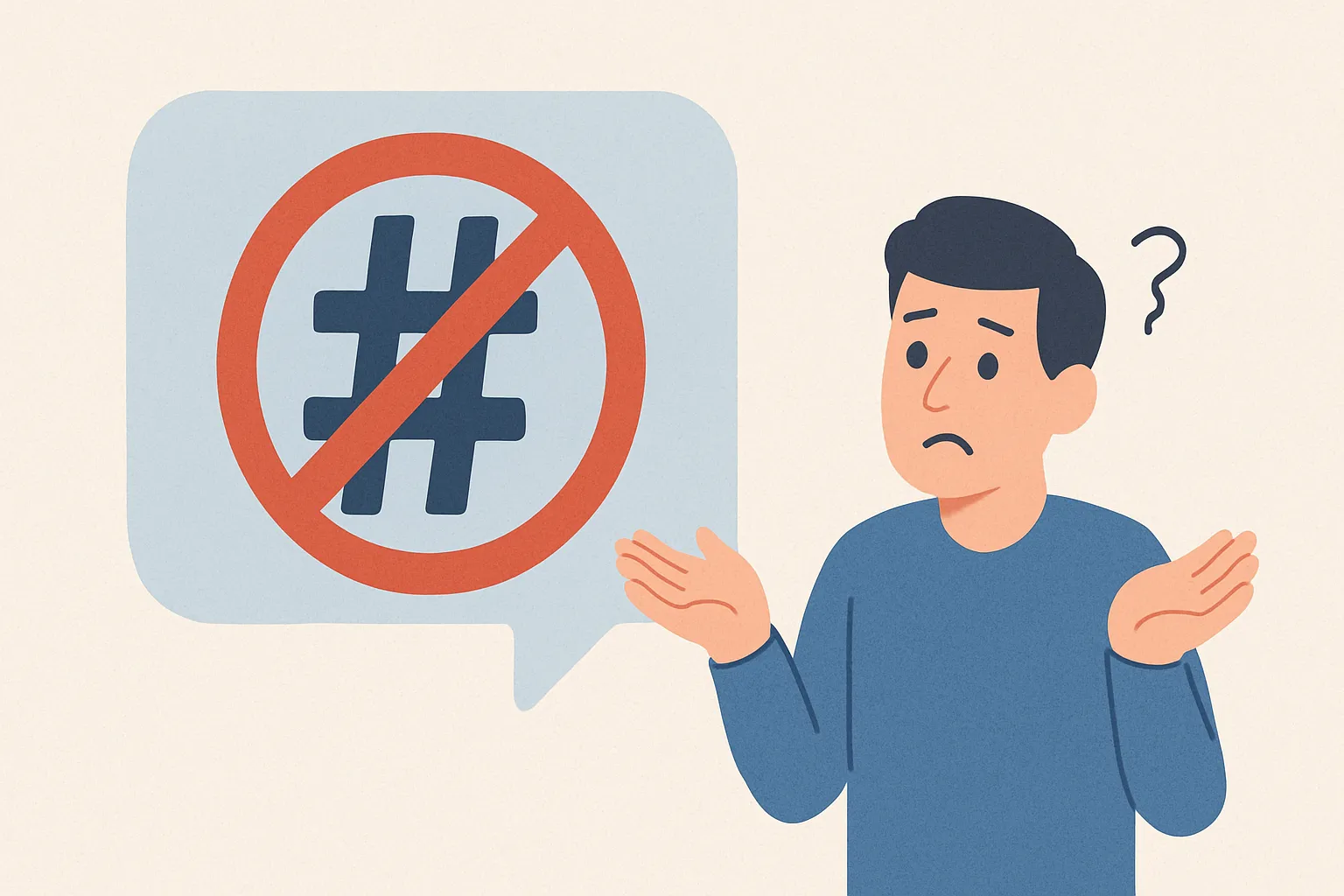 Hình minh họa người đàn ông nhìn vào biểu tượng hashtag bị gạch chéo, cho thấy hashtag không hoạt động.