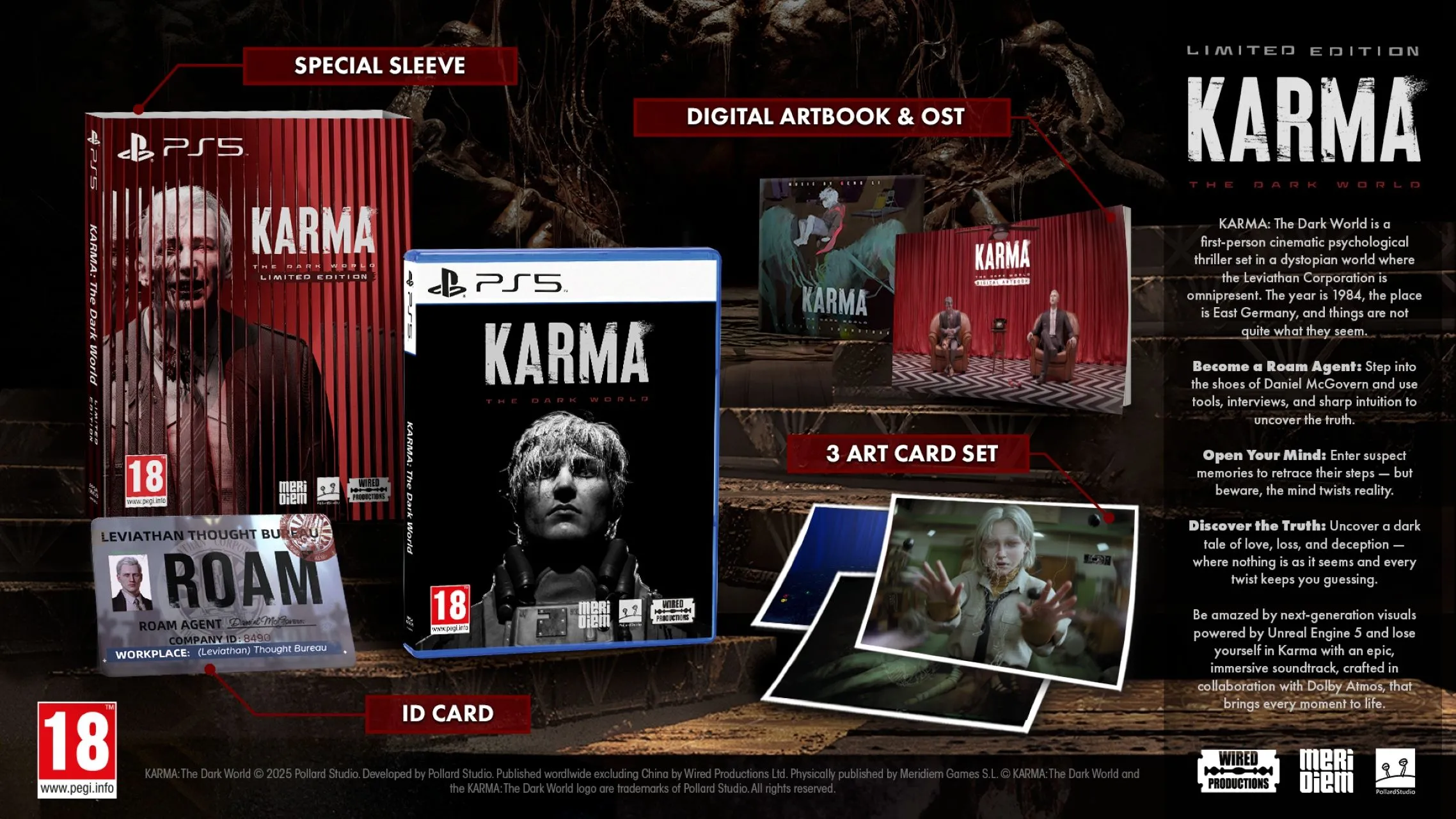 Hộp game Karma The Dark World phiên bản vật lý cho PlayStation 5 và các vật phẩm kèm theo