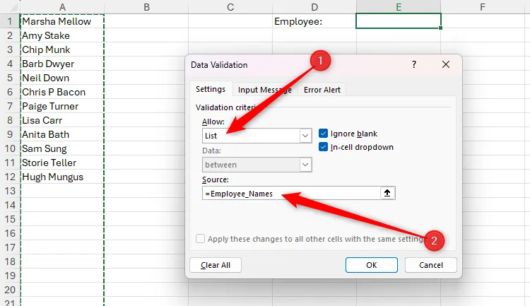 Hộp thoại Data Validation của Excel với vùng dữ liệu 'Employee_Names' được chọn làm nguồn cho danh sách thả xuống