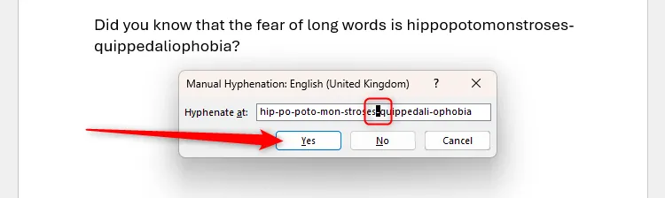 Hộp thoại Gạch nối thủ công (Manual Hyphenation) của Microsoft Word hiển thị vị trí gạch nối được đề xuất và nút &quot;Yes&quot; để chấp nhận