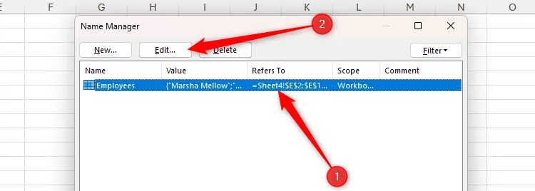 Hộp thoại Name Manager của Excel với một tên vùng được chọn và nút 'Edit' được tô sáng