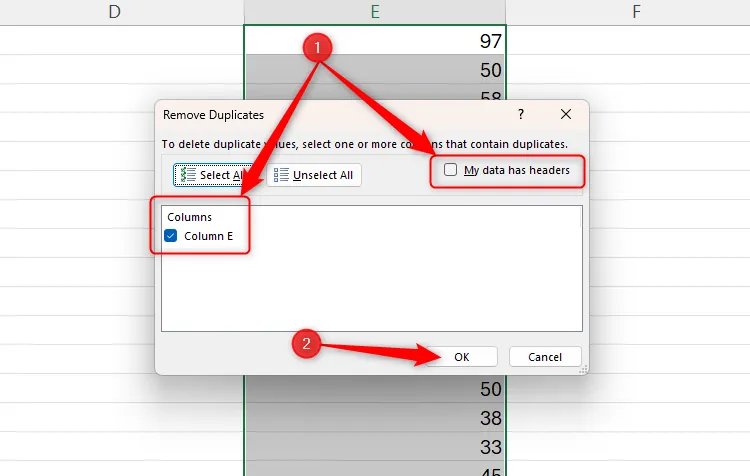 Hộp thoại 'Remove Duplicates' của Excel hiển thị các tùy chọn cột và tiêu đề để xác nhận trước khi xóa dữ liệu trùng lặp.