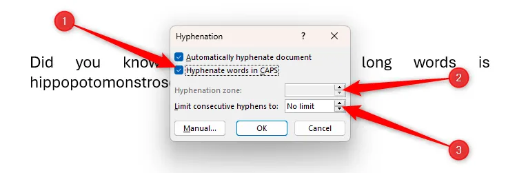 Hộp thoại Tùy chọn Gạch nối (Hyphenation Options) trong Microsoft Word hiển thị ba cài đặt nâng cao: Hyphenate Words In Caps, Hyphenation Zone, và Limit Consecutive Hyphens To
