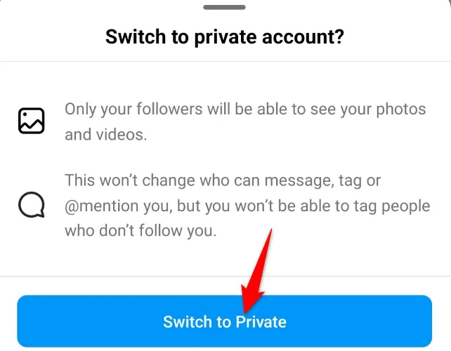Hộp thoại xác nhận chuyển sang tài khoản riêng tư trên Instagram