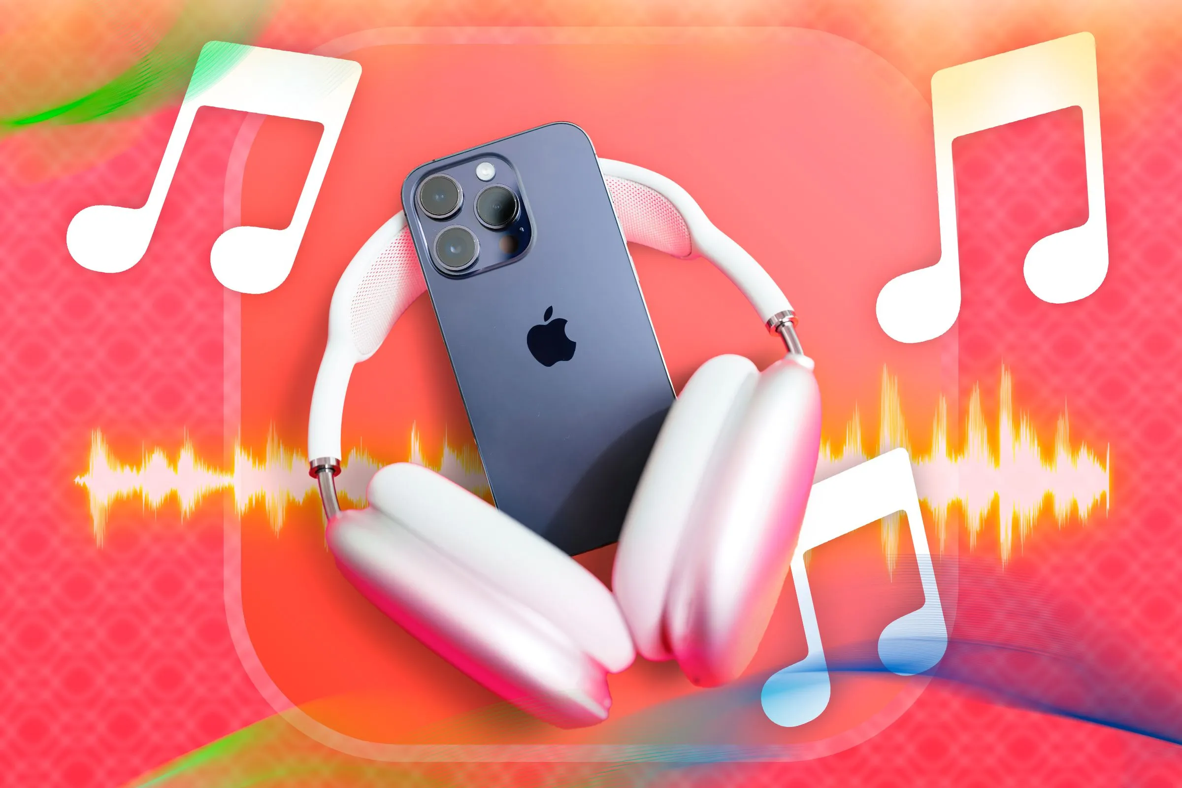 iPhone hiển thị ứng dụng nghe nhạc cùng tai nghe AirPods Max