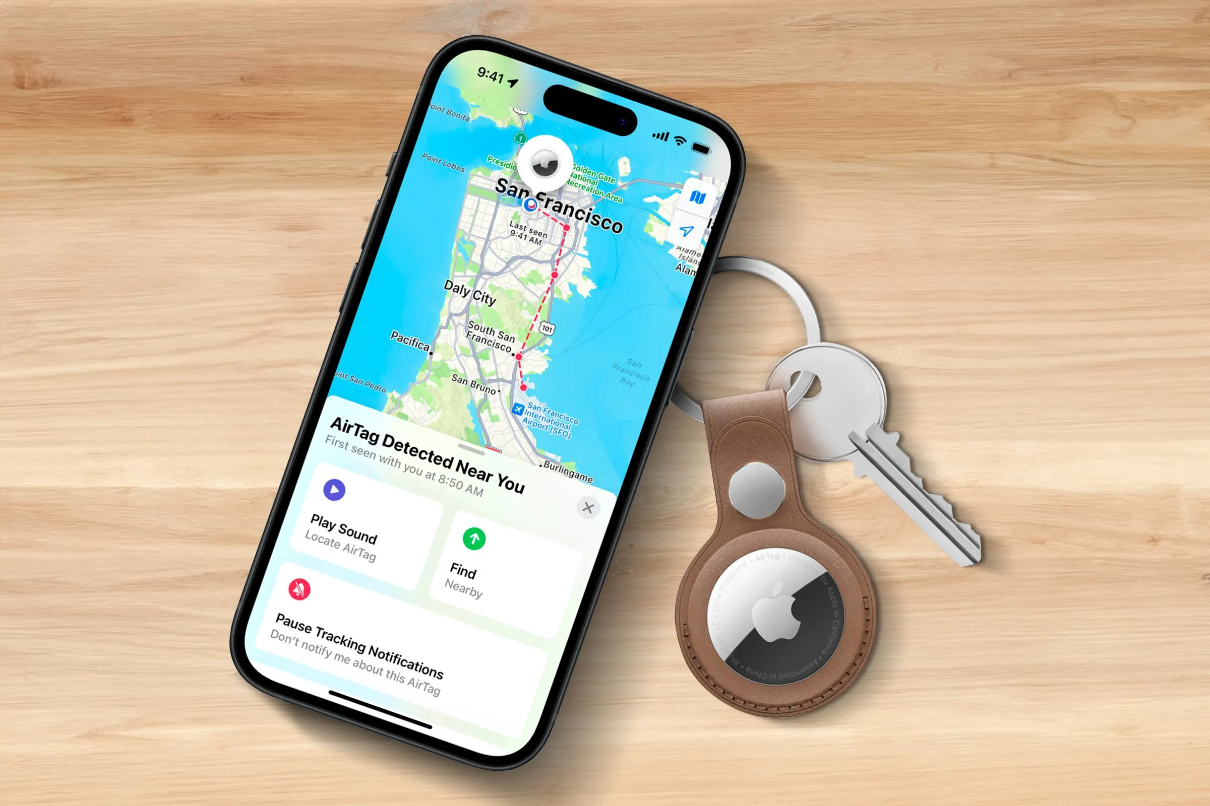 iPhone hiển thị vị trí AirTag trên bản đồ trong ứng dụng Tìm (Find My), minh họa khả năng định vị chìa khóa hoặc đồ vật cá nhân gắn AirTag.