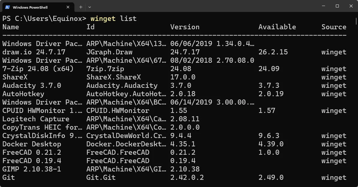 Kết quả lệnh winget list hiển thị danh sách ứng dụng trong Windows Terminal