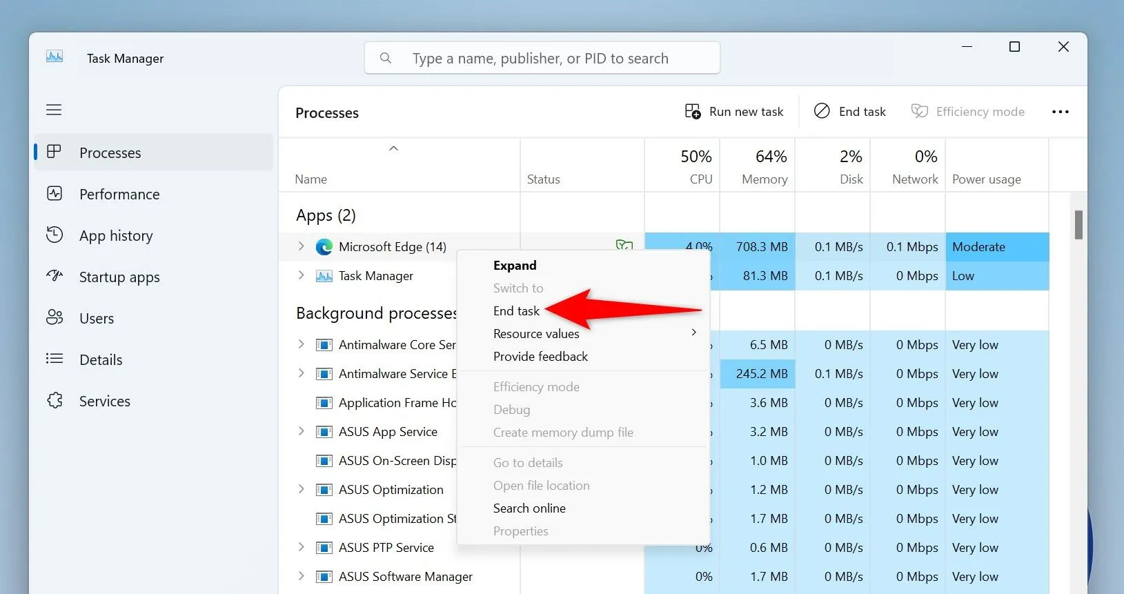 Kết thúc tác vụ (End Task) của ứng dụng ngốn pin trong Task Manager