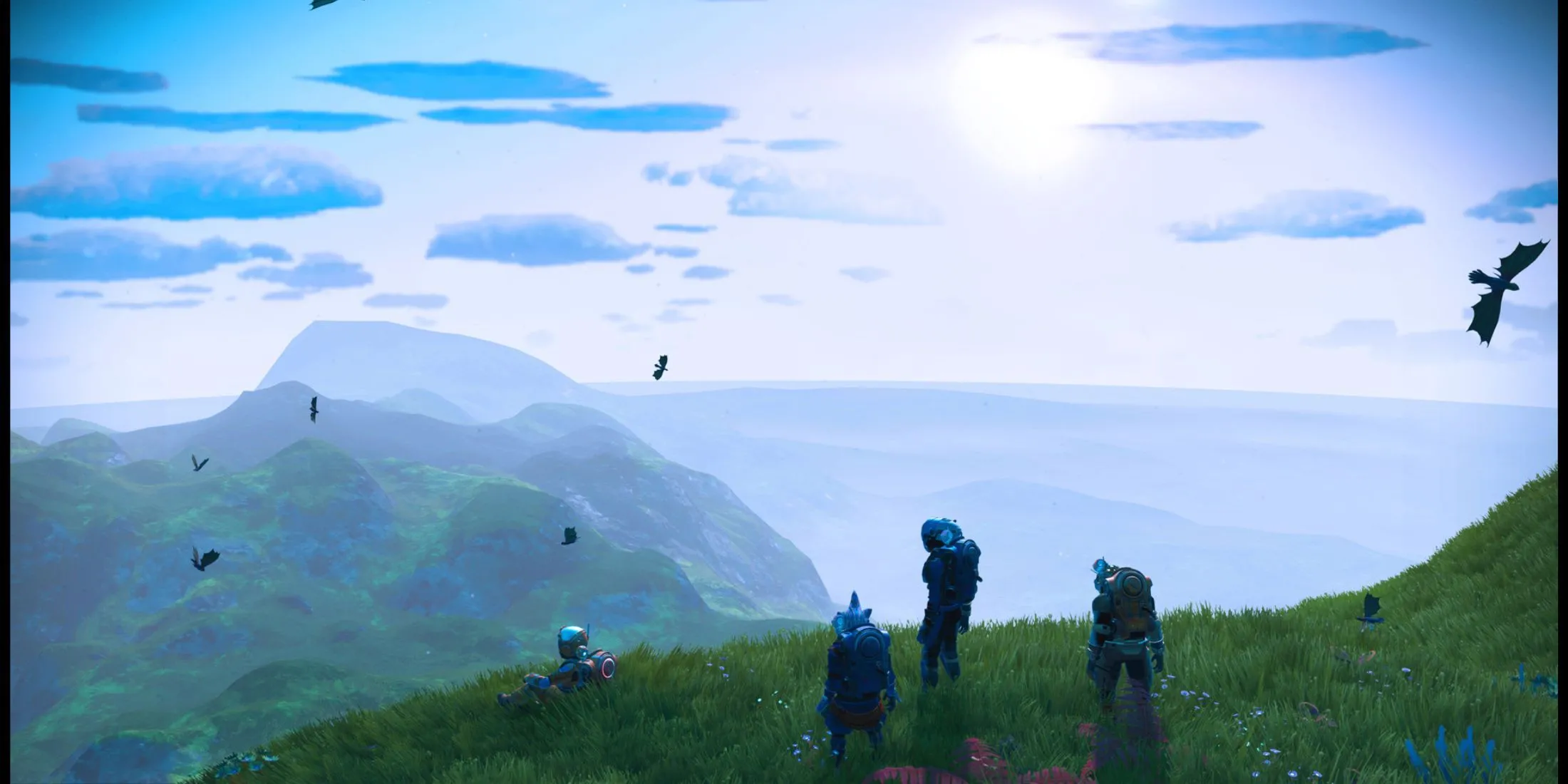 Khu vực nội thất của căn cứ No Man's Sky với các thiết bị công nghệ và cửa sổ nhìn ra vũ trụ