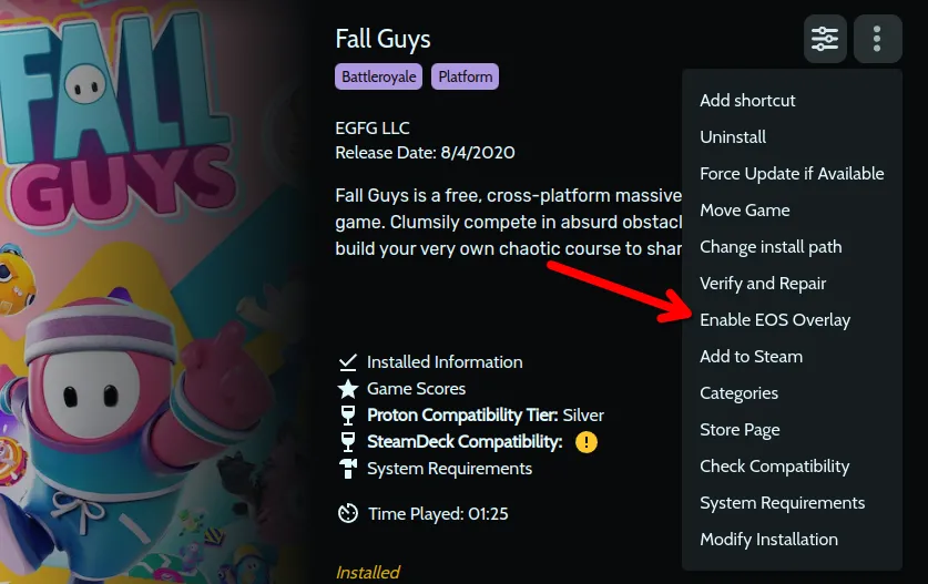 Kích hoạt EOS Overlay cho Fall Guys trong Heroic Games Launcher