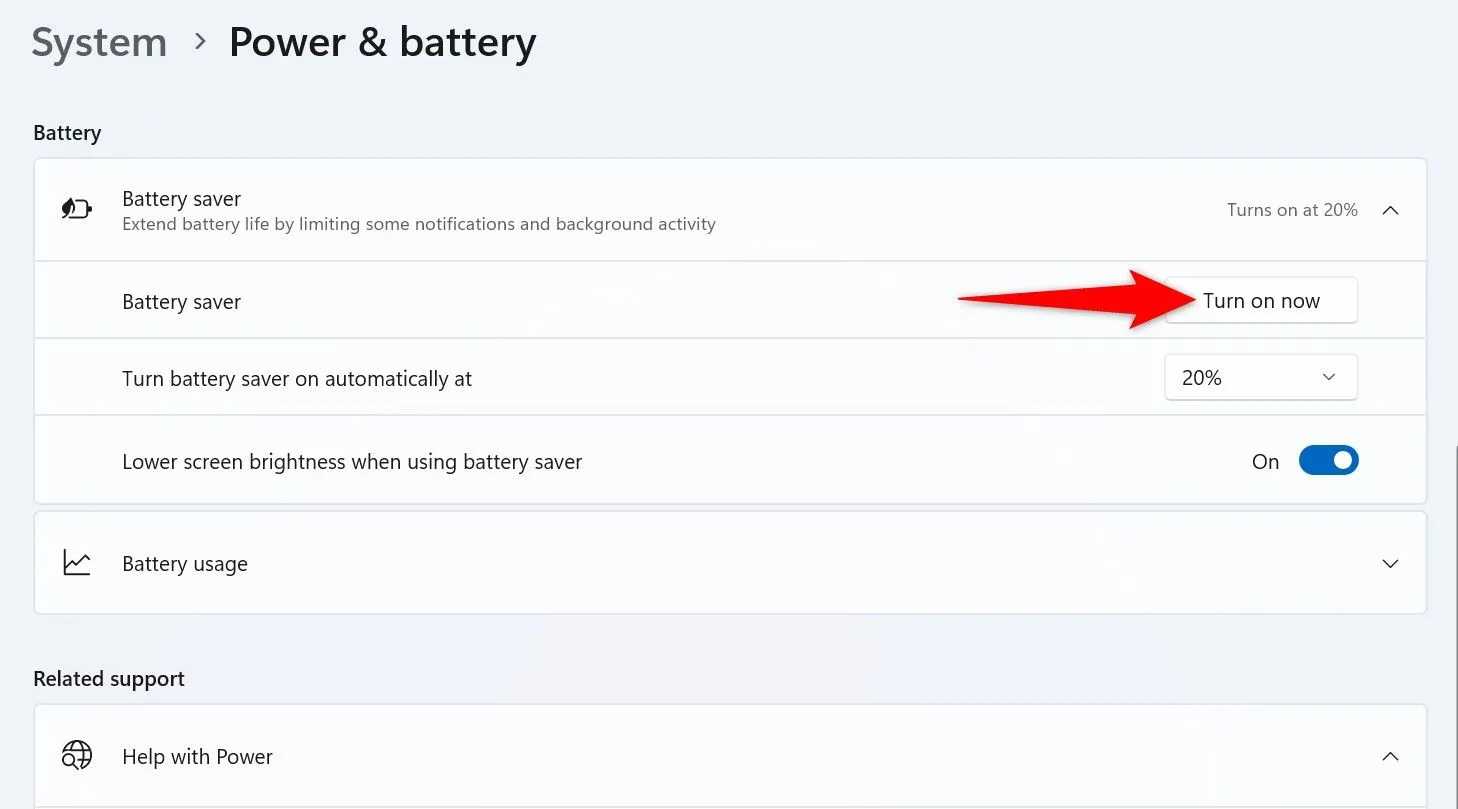 Kích hoạt tính năng Battery Saver để tăng thời lượng pin laptop Windows 11