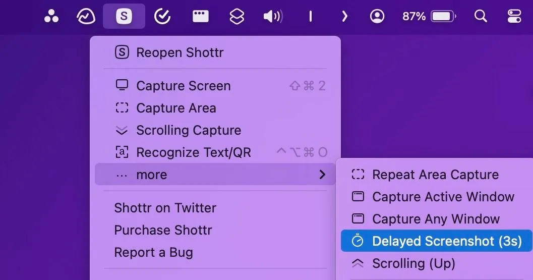 Kích hoạt tính năng chụp ảnh màn hình hẹn giờ 3 giây của Shottr từ menu bar
