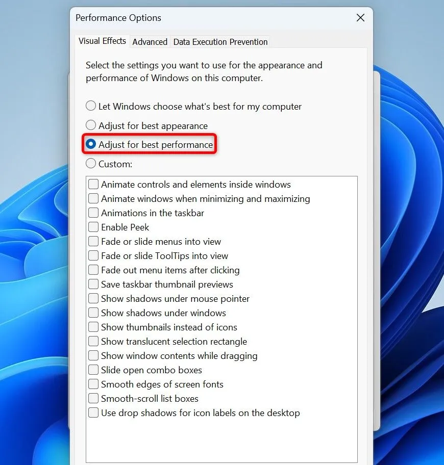 Kích hoạt tùy chọn Adjust for Best Performance để tăng tốc Windows 11.