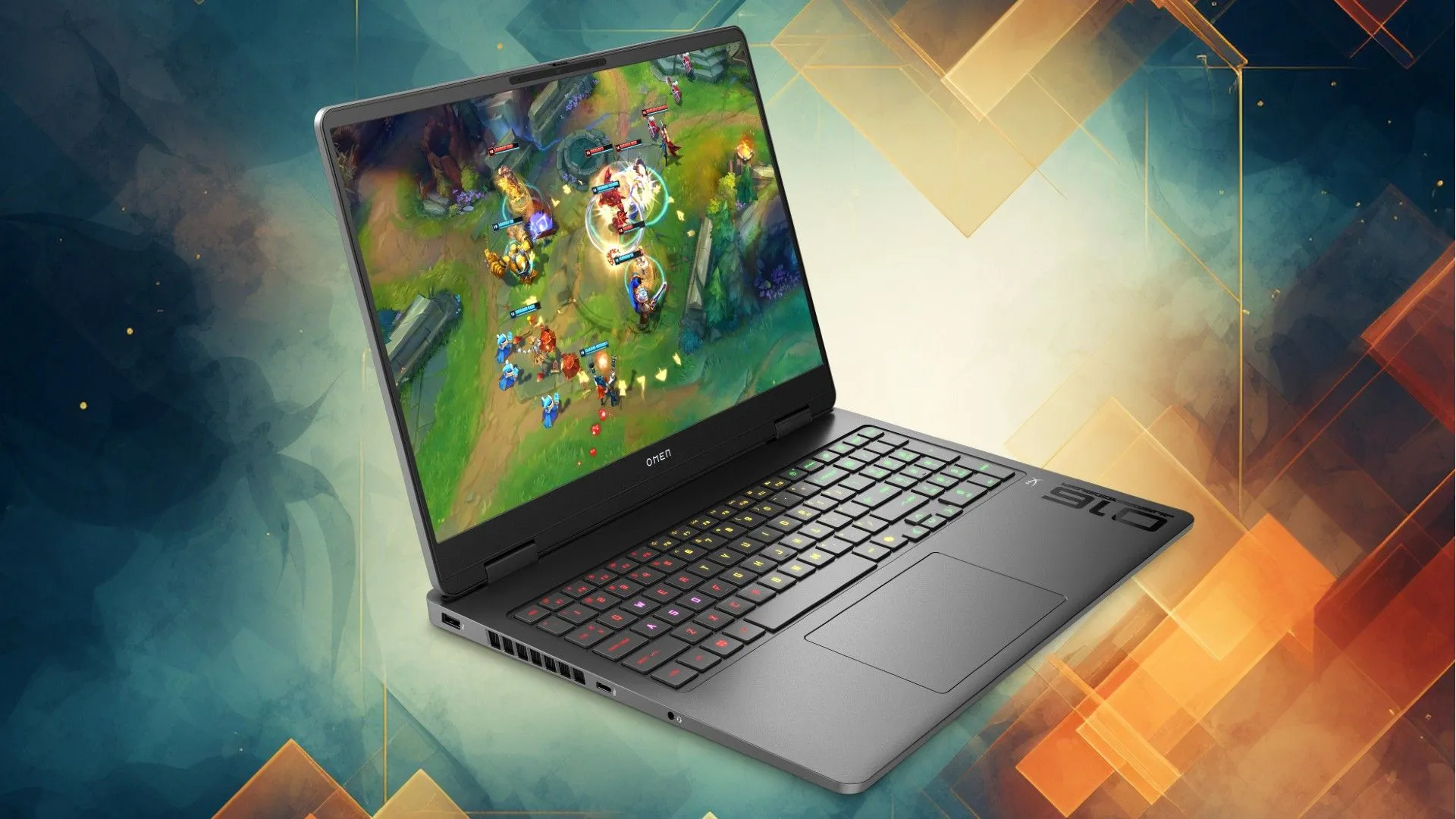 Laptop gaming HP OMEN 16 màu đen với đèn nền bàn phím nổi bật trên nền xanh cam